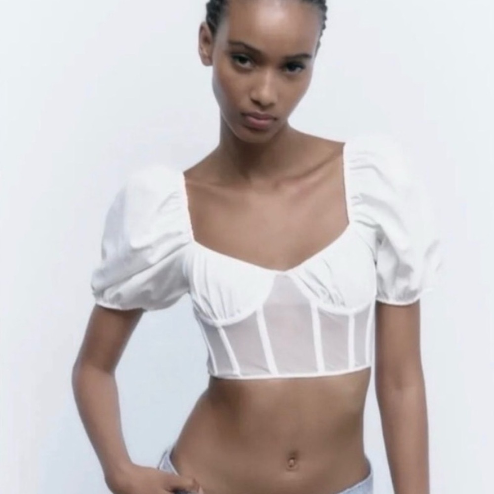 NWT! Zara Cream Puff Sleeve Blouse corset sheer size S
